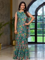 Teal Blue Slime Georgette Readymade Gown Saree